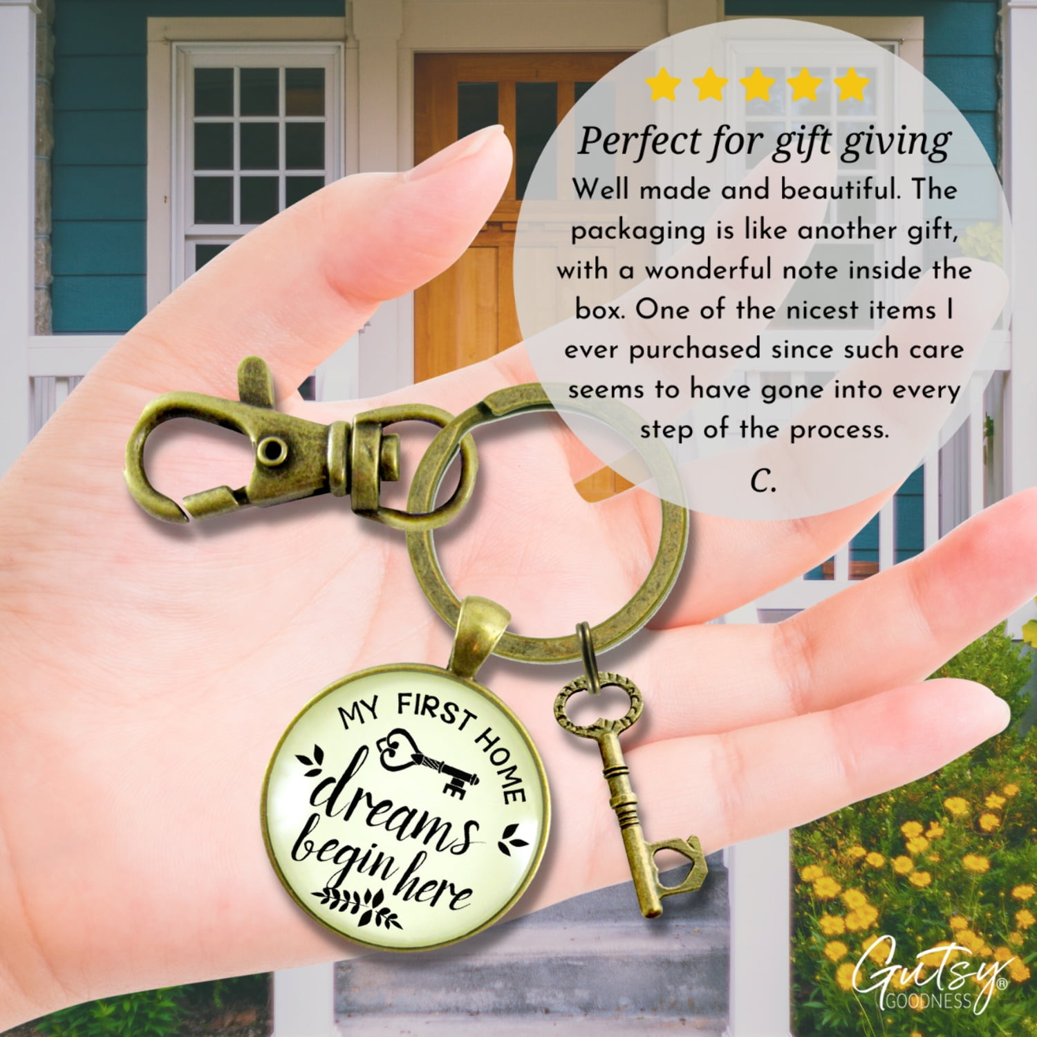 My First Home Gutsy Goodness Bronze Keychain Dreams Begin Here Homeowner Home Buyers Gift
