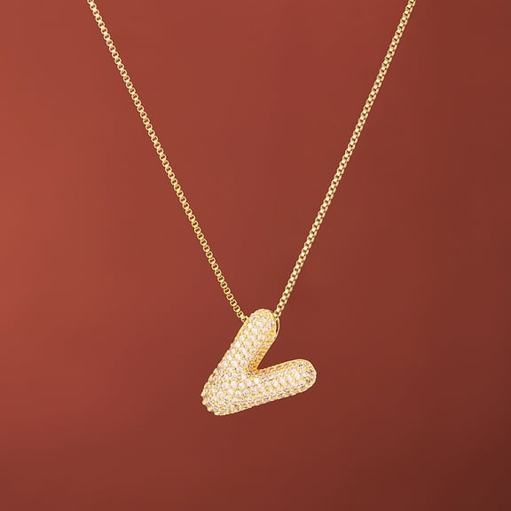 Brass Micro Pave Clear Cubic Zirconia Initial Pendant Necklaces for Women Golden Letter V 15.75 inch(40cm)