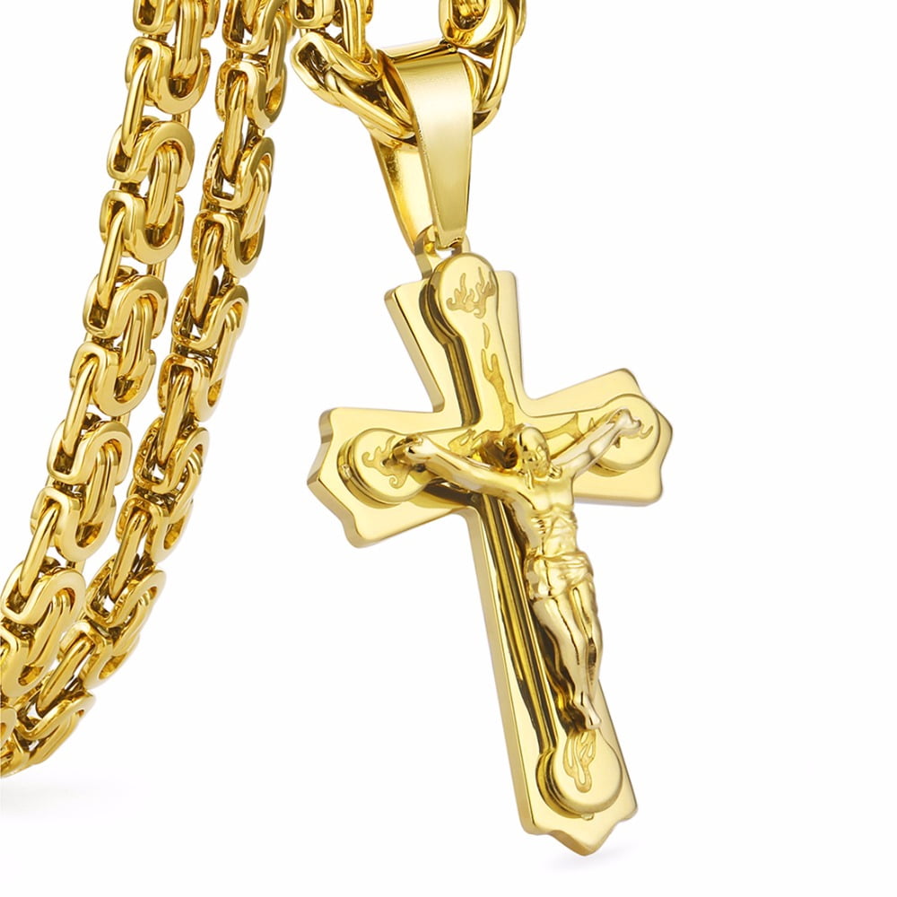 Lovelords Religious Jesus 14k Yellow Gold Cross Necklace Men Crucifix Pendant with Chain Necklaces Male Necklace Jewelry