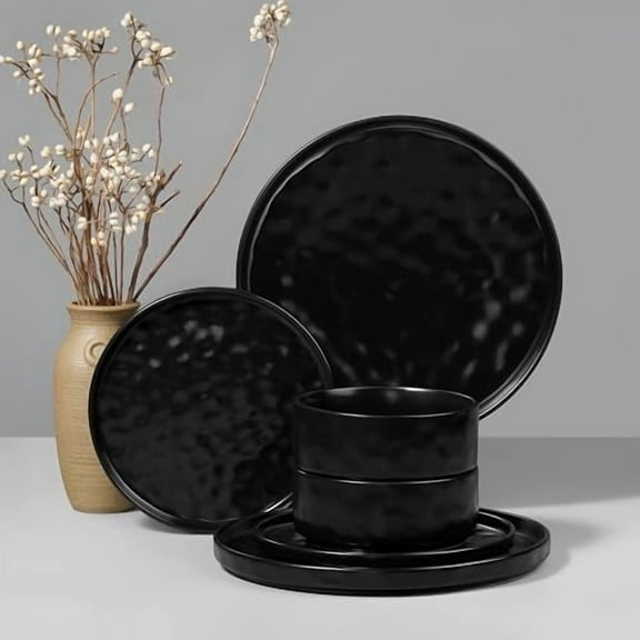 Dinnerware Sets, 6-Piece Plates and Bowls Set, Stoneware Dish Set for 2, Ceramic Dinnerware for Home Restaurant, Chip and Scratch Resistant, Microwave and Dishwasher Safe, Matte Black