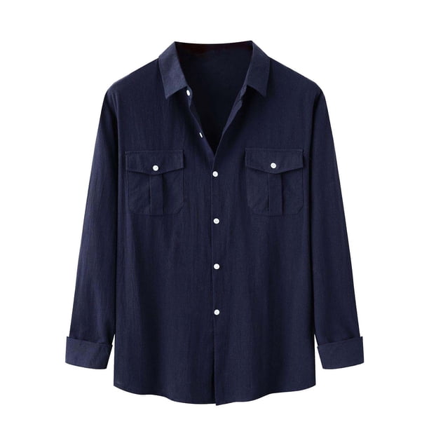 Top de camisa de lino y algodón de color sólido de manga larga con cuello levantado para otoño e invierno a la moda para hombre Pompotops oipoqjl53268