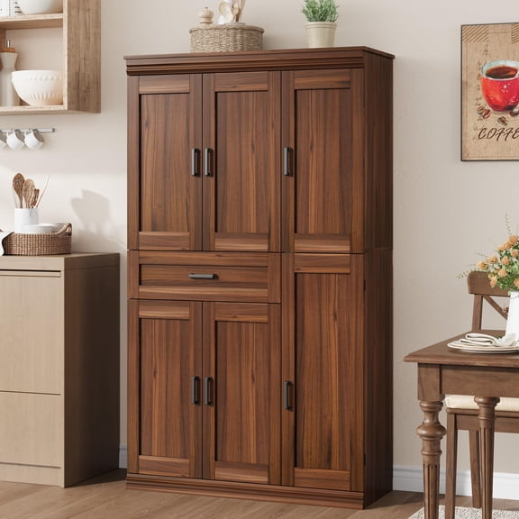Modern Freestanding Kitchen Pantry Cabinet, 70" Tall Hutch with Doors, Shelves & Large Drawer – Space-Saving Storage Organizer for Kitchen, Dining Room & Living Room, Walnut Color