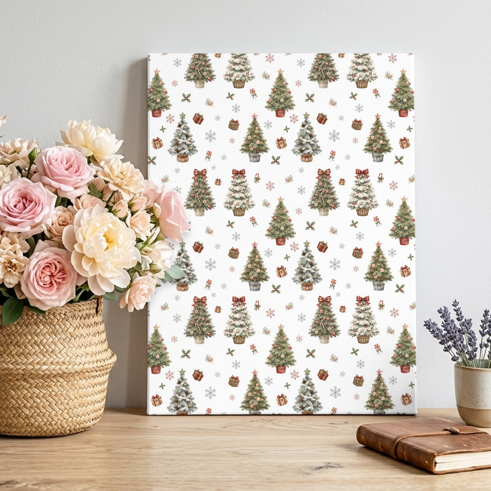 Christmas Trees Canvas Wall Art Winter Seamless Xmas Tree Gift Ornaments Pictures Wall Decor Wooden Framed Artwork Art Prints for Living Room Hallway Bedroom Office 16 x20