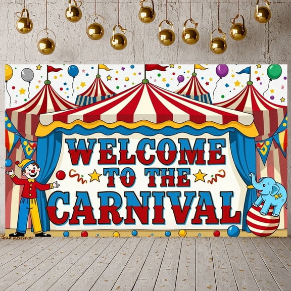 Clown Design Carnival Banner Elephant Circus Display Colorful Balloons Striped Tent Welcome Backdrop for Carnival Party Circus Event Welcome Celebration