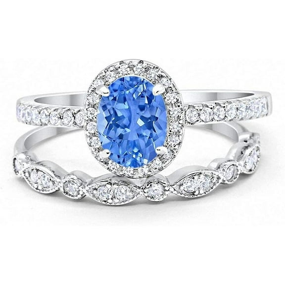 beryl_creation 14K White Gold Plated 2.10 Ct Oval Cut Blue Topaz Wedding Engagement Halo Bridal Ring Set 925 Sterling Silver For Women's -9