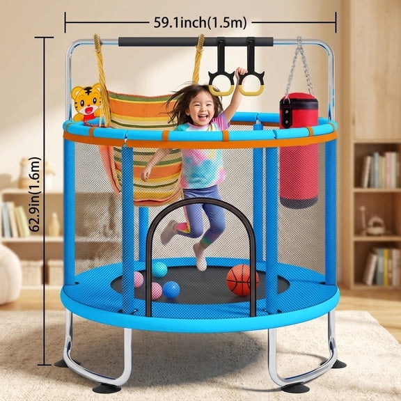 60" Mini Kids Trampoline for Toddlers 2-4 - Sturdy Indoor Backyard Trampoline with Safety Enclosure Net Basketball Hoop Gymnastics Bar & Toy Swing