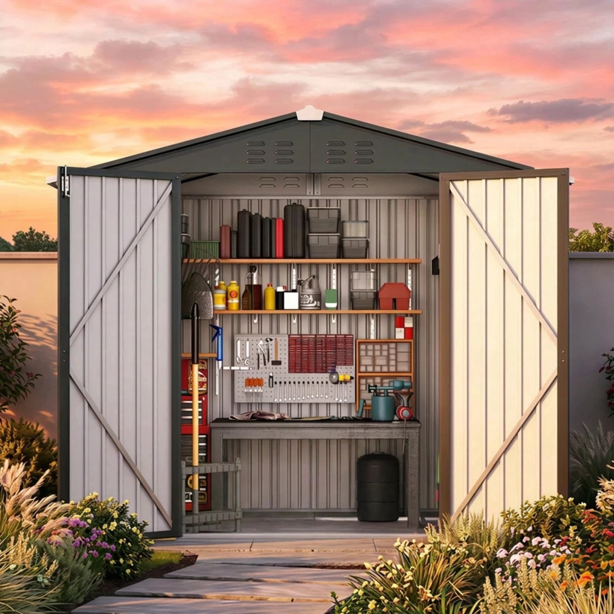 Asofer 6'x4' Galvanized Steel Outdoor Storage Shed, Lockable Door Weather Resistant Tool Shed for Backyard Patio