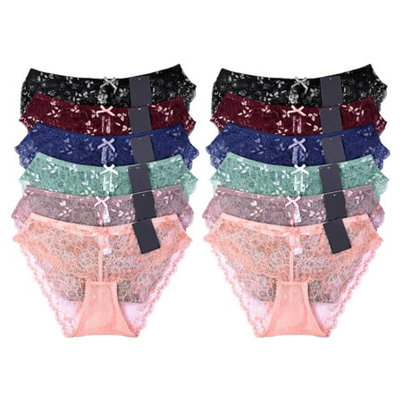 Pasties Set - Qraftsy Women Underwear Smooth Floral Lace With Scalloped Edge Bikini Cut Panties Set - 12 Pack
