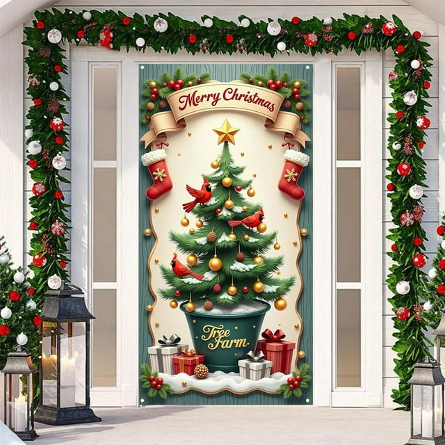 BotaniNest Décorations de Rideau de Porte Rouge Bannière de Porte d'Entrée Joyeux et Train Décorations Extérieures et Années Décorations de Fête d'Hiver Entrée Porche