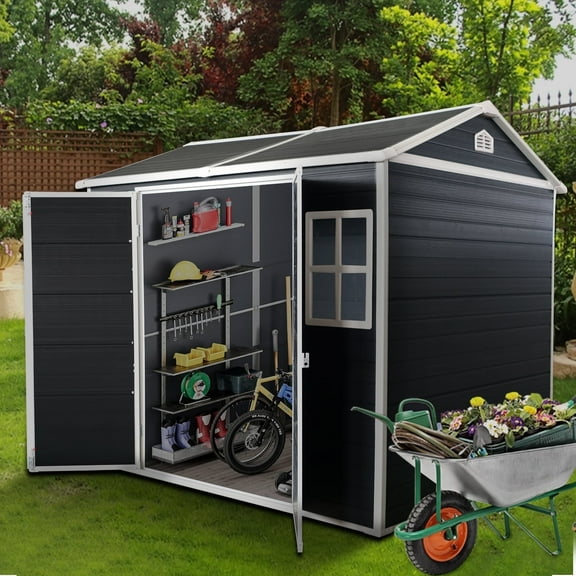 8x4 ft Outdoor Resin Storage Shed with Floor, Waterproof Plastic Patio Outdoor Storage Shed with Lockable Door for Garden Tools, Bicycles, Trash Cans, Backyard, Patio, Lawn (Black)