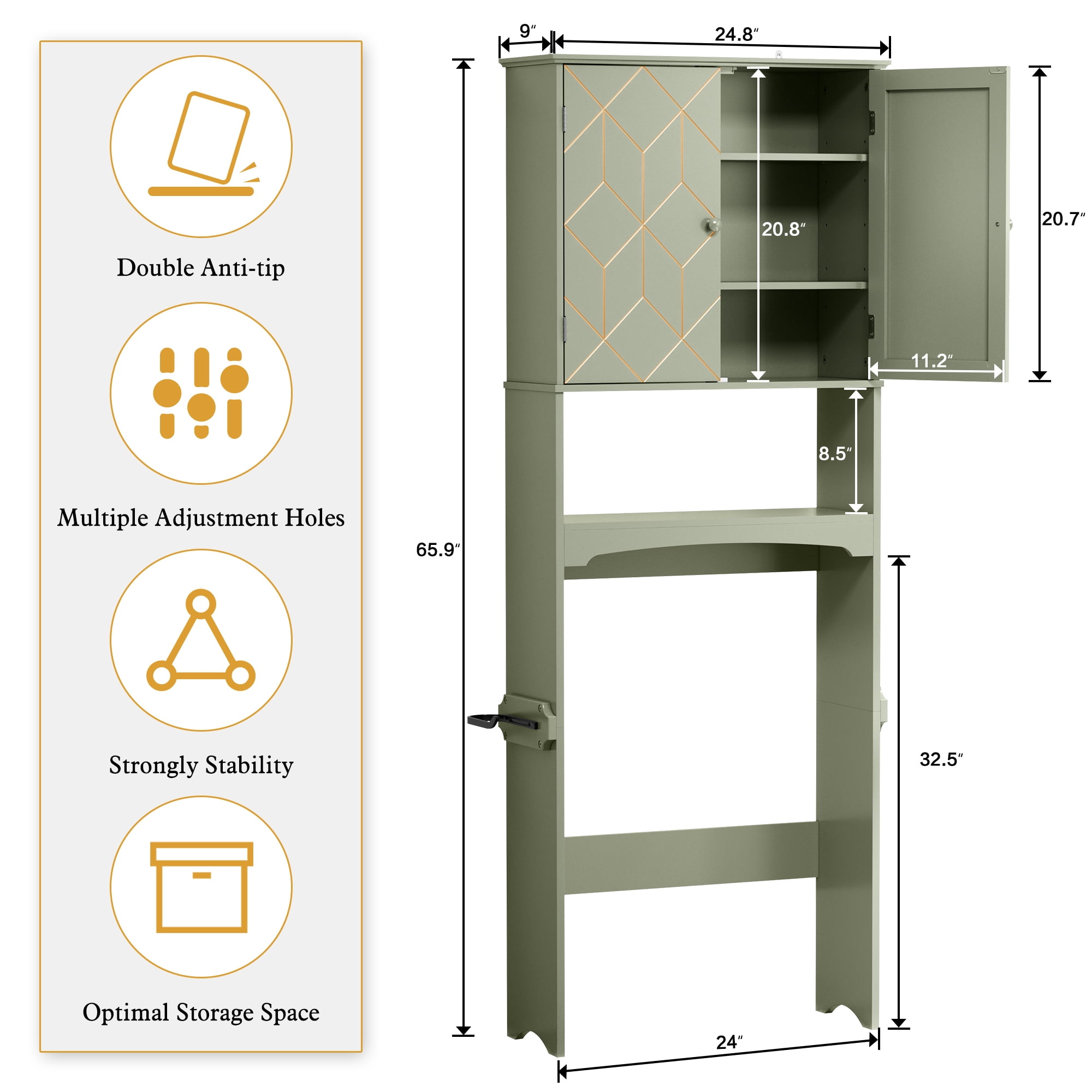 HLR Over The Toilet Storage Cabinet, Bathroom Above Toilet Storage Cabinet with Doors and Adjustable Shelves, Green