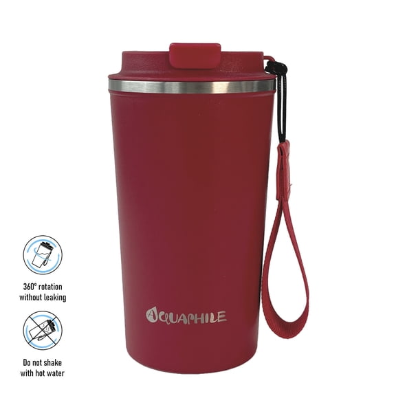 Aquaphile Thermo Coffee Mug to Go with Strap 17oz, Reusable Travel Mug with Insulation, Leak Proof Stainless Steel Thermal Cup for Hot and Cold Drinks, Red