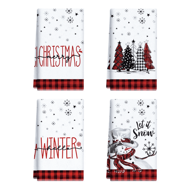 paño de navidad toalla de cocina decoración navideña xtellar blanco, toalla de cocina decorativa con borde cuadrito rojo y negro; cuatro vistas: texto en rojo 'Merry Christmas' y 'A Winter', fila de árboles navideños en rojo y negro con patrón vichy, muñeco de nieve con bufanda roja y copos de nieve sobre fondo blanco. Adecuada también para regalar o usar como adorno de mesa.