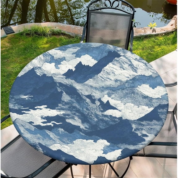 Round Fitted Tablecloth with Elastic Edge Design Table Cover Waterproof Stain-Resistant Wipeable Table Cloth Best for 38"-42" Round Tables Mountain Peak