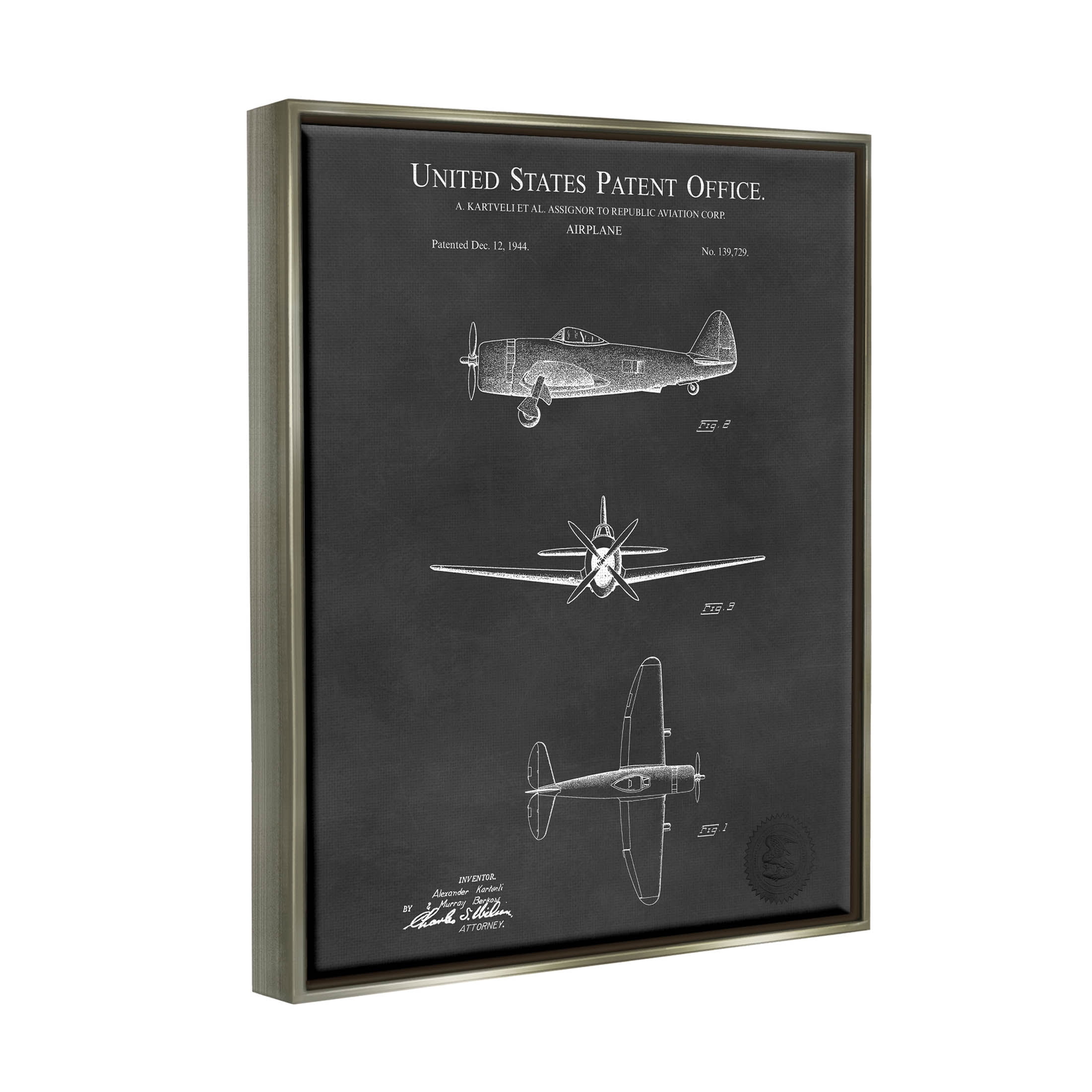 Stupell Industries US Aircraft Patent Diagram Graphic Art Luster Gray Floating Framed Canvas Print Wall Art, Design by Karl Hronek