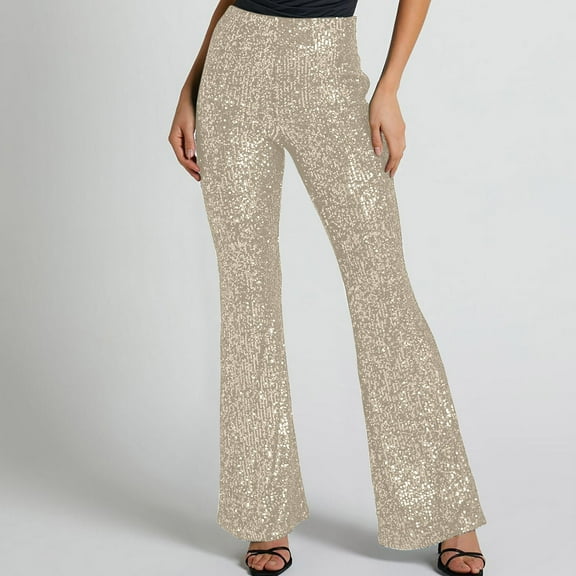 Blmnix Sparkly Pants Womens Pants Dressy Casual Flare Pants Girlfriend Jeans Beige High Long Slim Bootcut Womens Trousers,XL