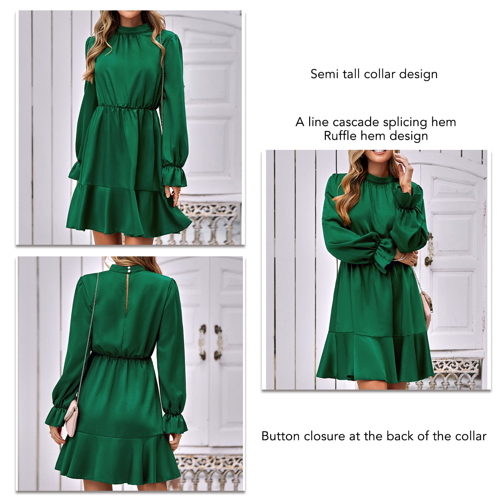 Estink Long Sleeve Ruffle Dress Half High Neck Back Neckline Button Closure Pure Color Long Sleeve Ruffle Dress Mid Waist For Daily Life For Women Fo