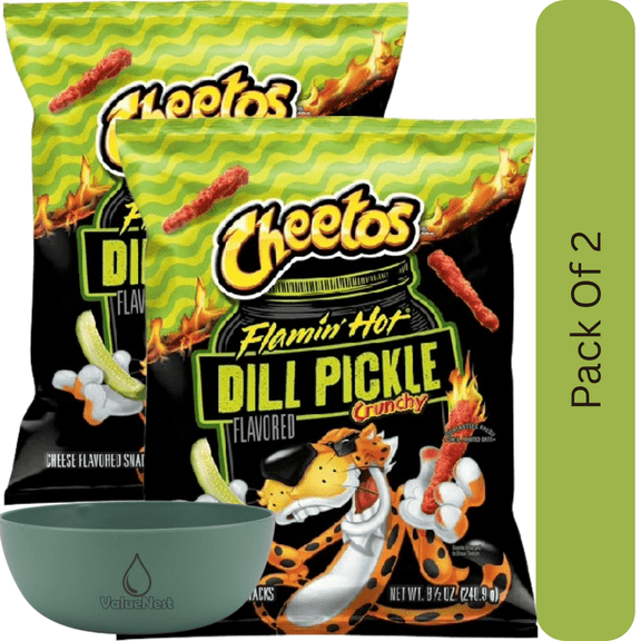 Cheetos Flamin' Hot Dill Pickle Crunchy Cheese Snacks, 8.5 oz Bag With Olive Green Bowl By ValueNest