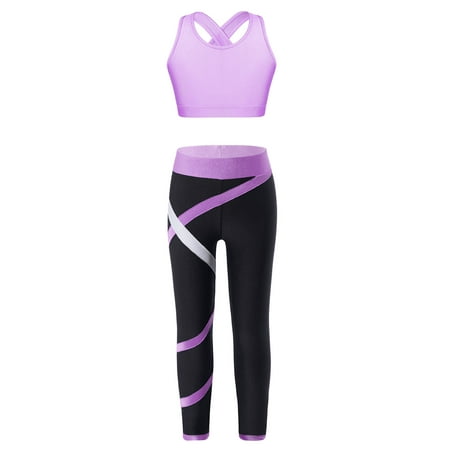 XUNZOO Girls Criss Cross Back Tank Tops with Stretch Leggings Set Yoga Dance Sports Bra Suit Gym Lavender 16