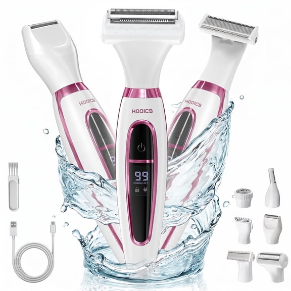 HOOICB Electric Razor for Women, 6-in-1 Rechargeable Cordless Hair Removal Shaver for Legs, Underarms and Bikini, Wet and Dry Use with LED Display