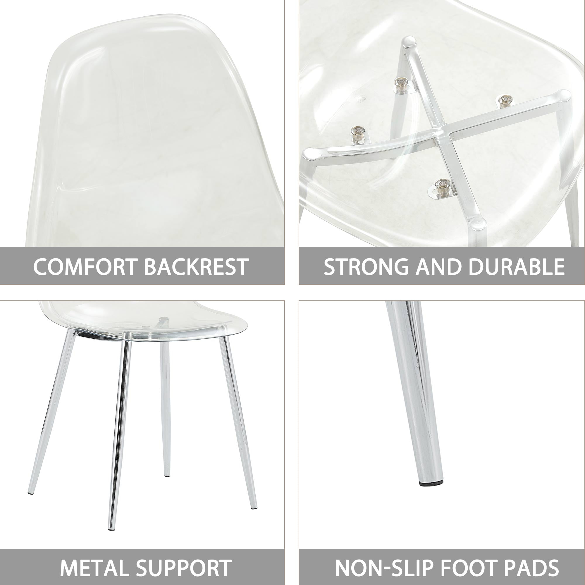 NYEESS Set of 4 Clear Transparent Dining Chairs Armless with Sliver Metal Legs Modern Acrylic Side Chairs for Kitchen Dining Room