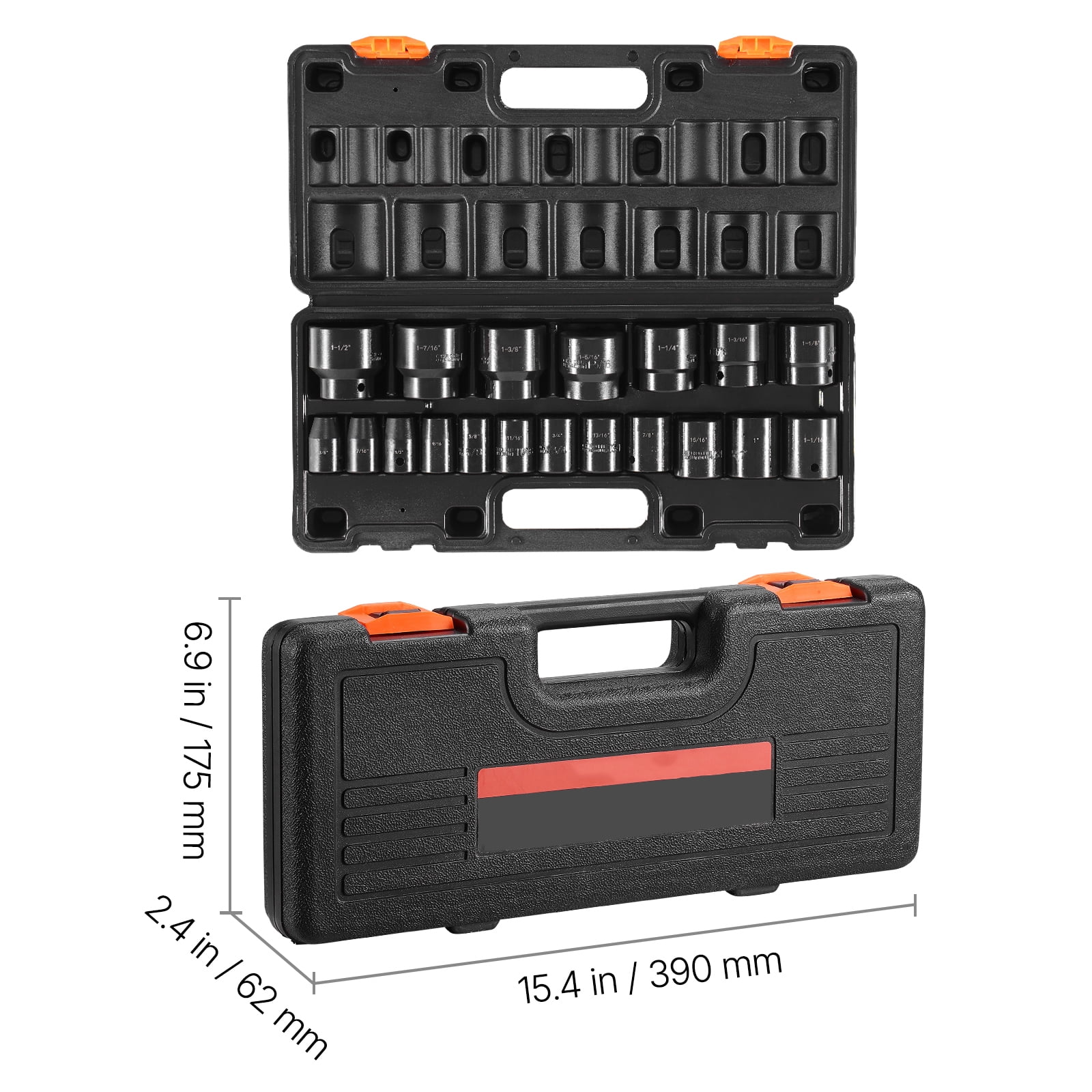 KFFKFF 19-Piece 1/2-Inch Drive Impact Socket Set, SAE Sizes from 3/8 to 1-1/2 Inches, 6-Point Hex Design for Standard Applications