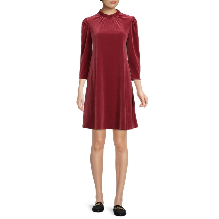 Time and Tru Women s Velvet Dress with 3 4 Length Sleeve Walmart