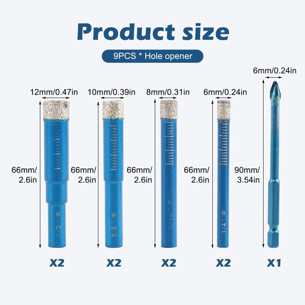 FRKSMD-9Pcs Diamond Drill Bit Set, Multifunctional Precision Drilling Tool for Porcelain Tile Ceramic Glass Granite Concrete, Blue Dry Diamond Bits