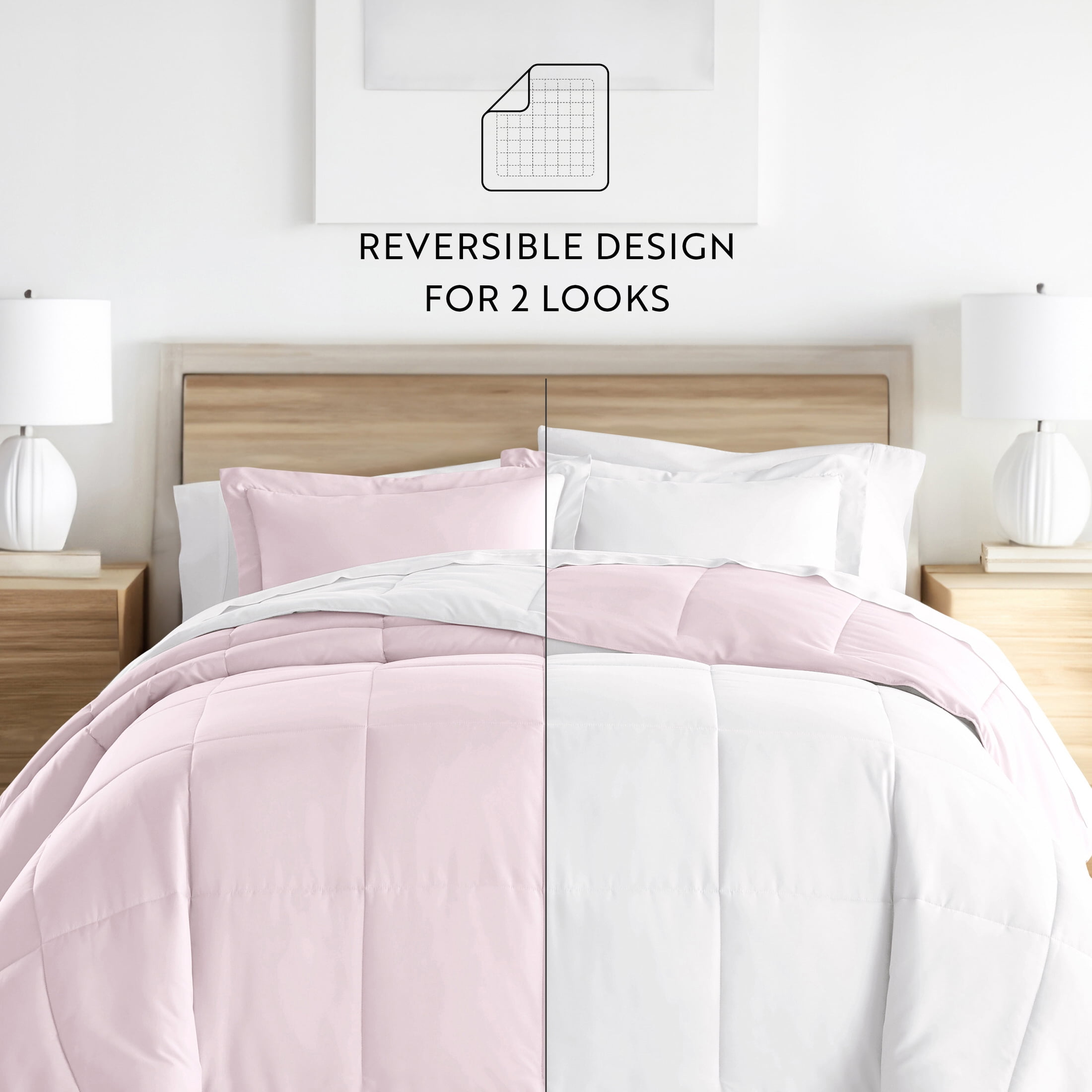 Noble Linens Soft 3-Piece Blush & White Reversible All Season Lightweight Down Alternative Comforter Set, Full/Queen