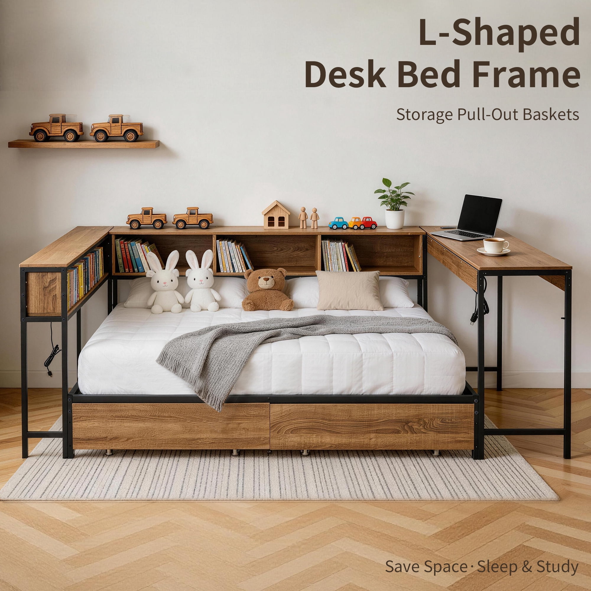 Leumius Twin Size Corner Bed Frame with Bookcase and 2 Underbed Storage Drawers, Modern Twin Bed with LED Light and Charging Station for Bedroom Guest Room