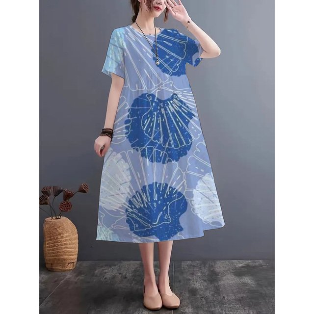 JUNWELL 2024 Été Nouveau Style Bohème Robe à Manches Courtes en Tissu de Lin Imitation Robe Légère Respirante en Vrac Confortable