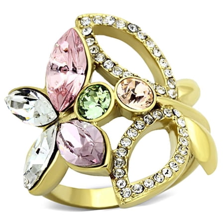 Womens Gold Butterflies Ring 316L Stainless Steel Anillo Color Oro Para Mujer Ninas Acero Inoxidable with Top Grade Crystal in Multi Color Mahalah