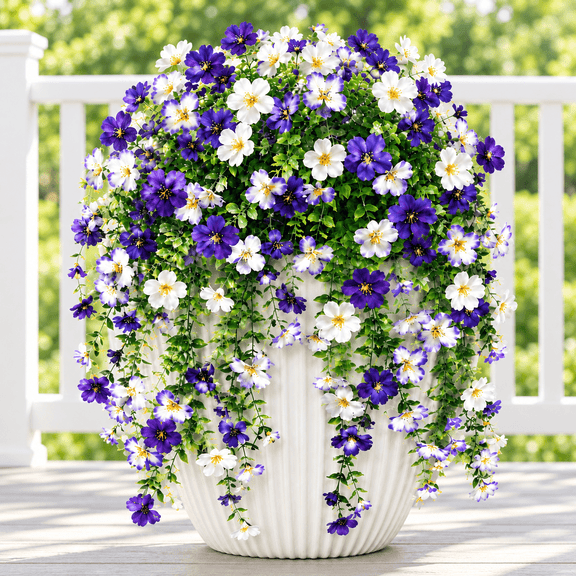 PEUHOP 7 Pack Artificial Hanging Pansy Flowers, Purple, White and Light Blue Fake Flowers for Planters, Porch, Patio, Window Boxes and Garden Decor