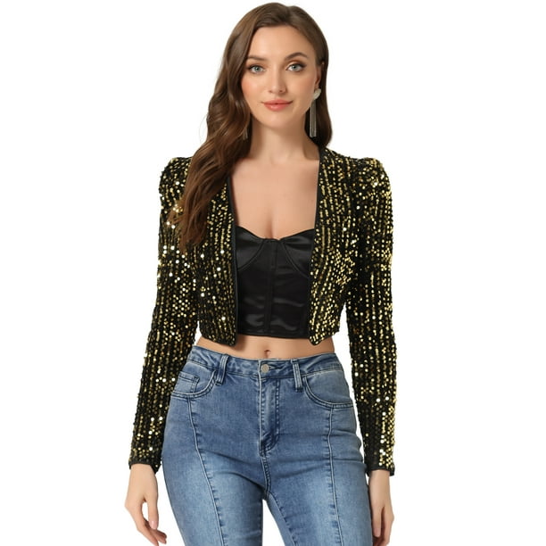 Chaqueta de lentejuelas Allegra K Manga larga Frente abierto Oro Negro S