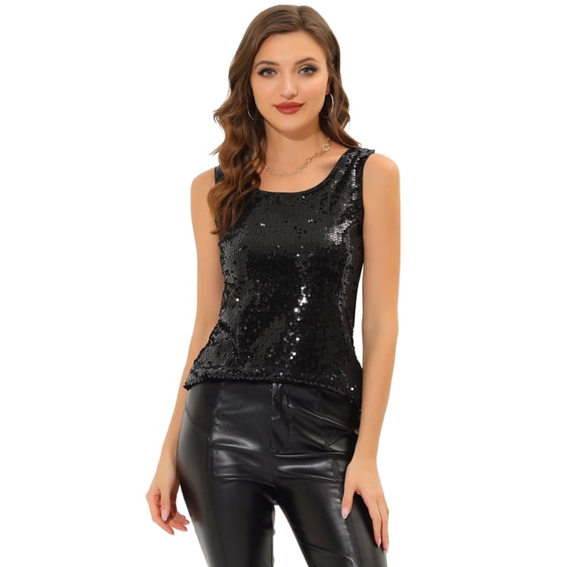 Camiseta sin mangas con cuello redondo y lentejuelas brillantes para mujer Negro S