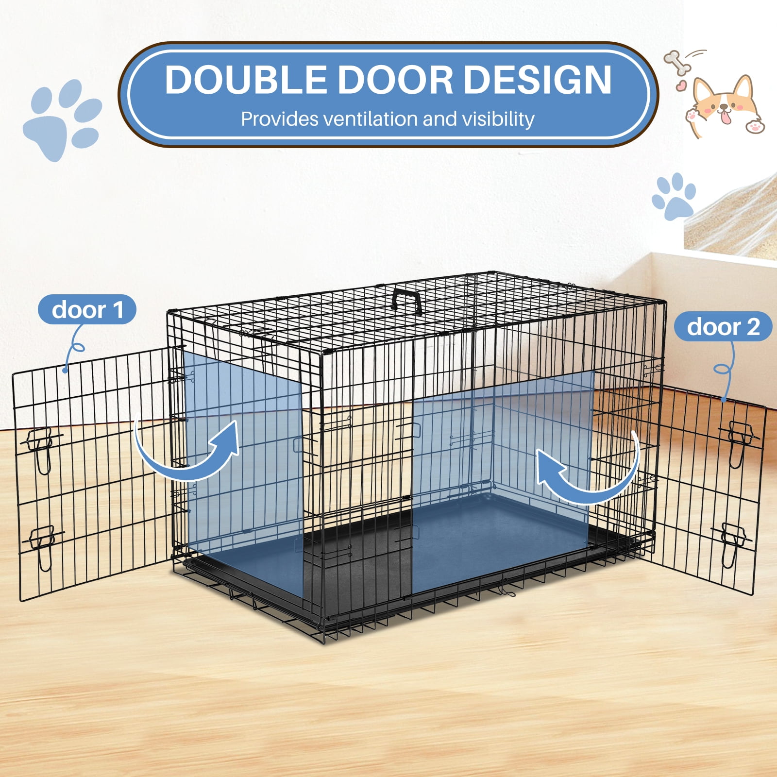 Dog Crate, 36" Folding Double-Door Metal Dog Cage with Divider and Leak-Proof Tray, Portable Pet Kennel for Medium Dogs, Indoor/Outdoor Use