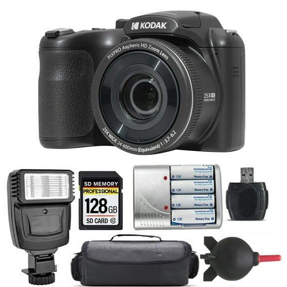 Kodak PIXPRO AZ255 Digital Camera (Black)   Extra Battery   Flash - 128GB Kit