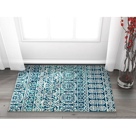 Blue Tile Design - Well Woven Signora Blue Vintage Floral Tile Design Short Pile Kilim-Style Modern 2x3 (2' x 3') Area Rug Multicolor Pattern