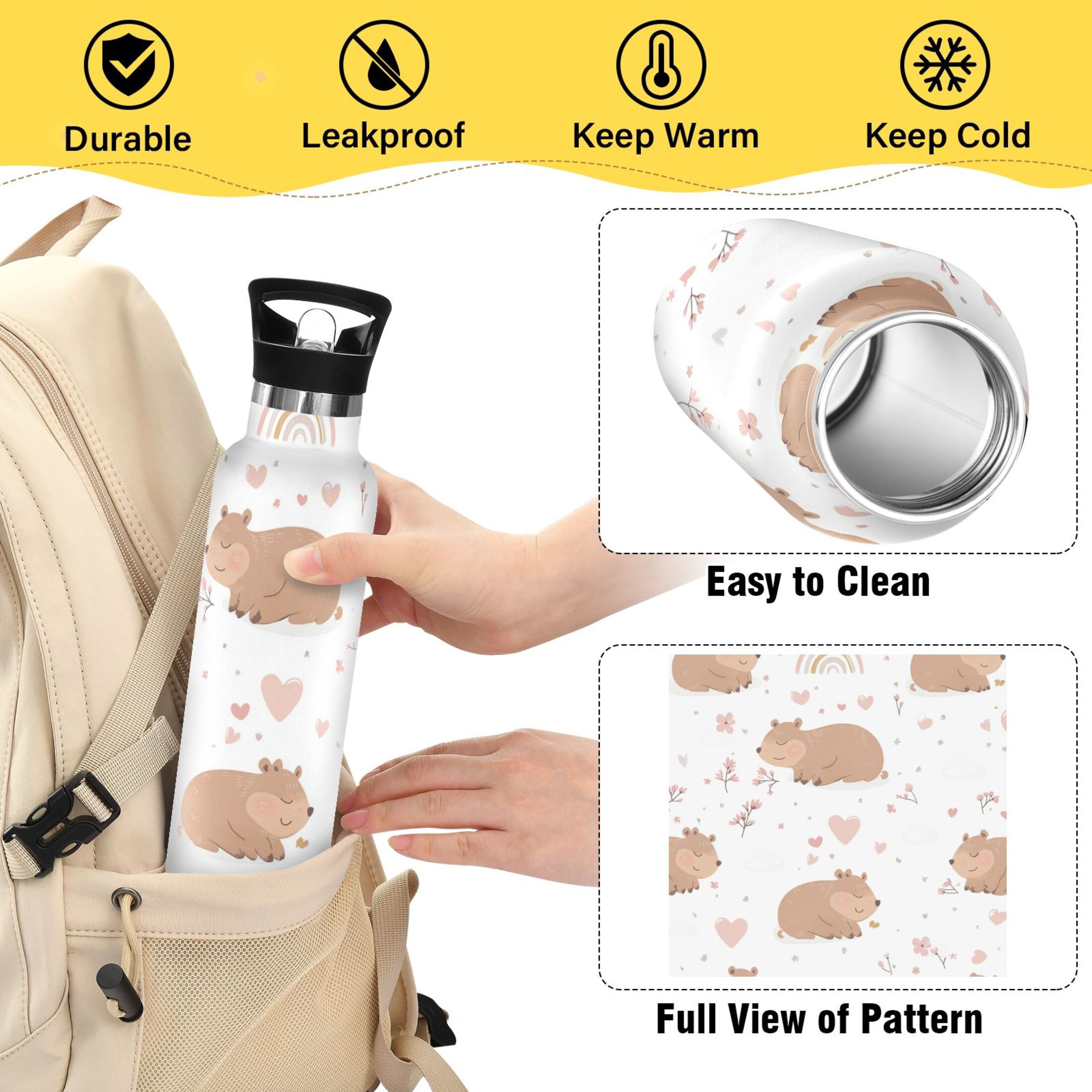 Kids Insulated Stainless Steel Sports Water Bottle 600ml (20oz) Cute Capybara Pattern