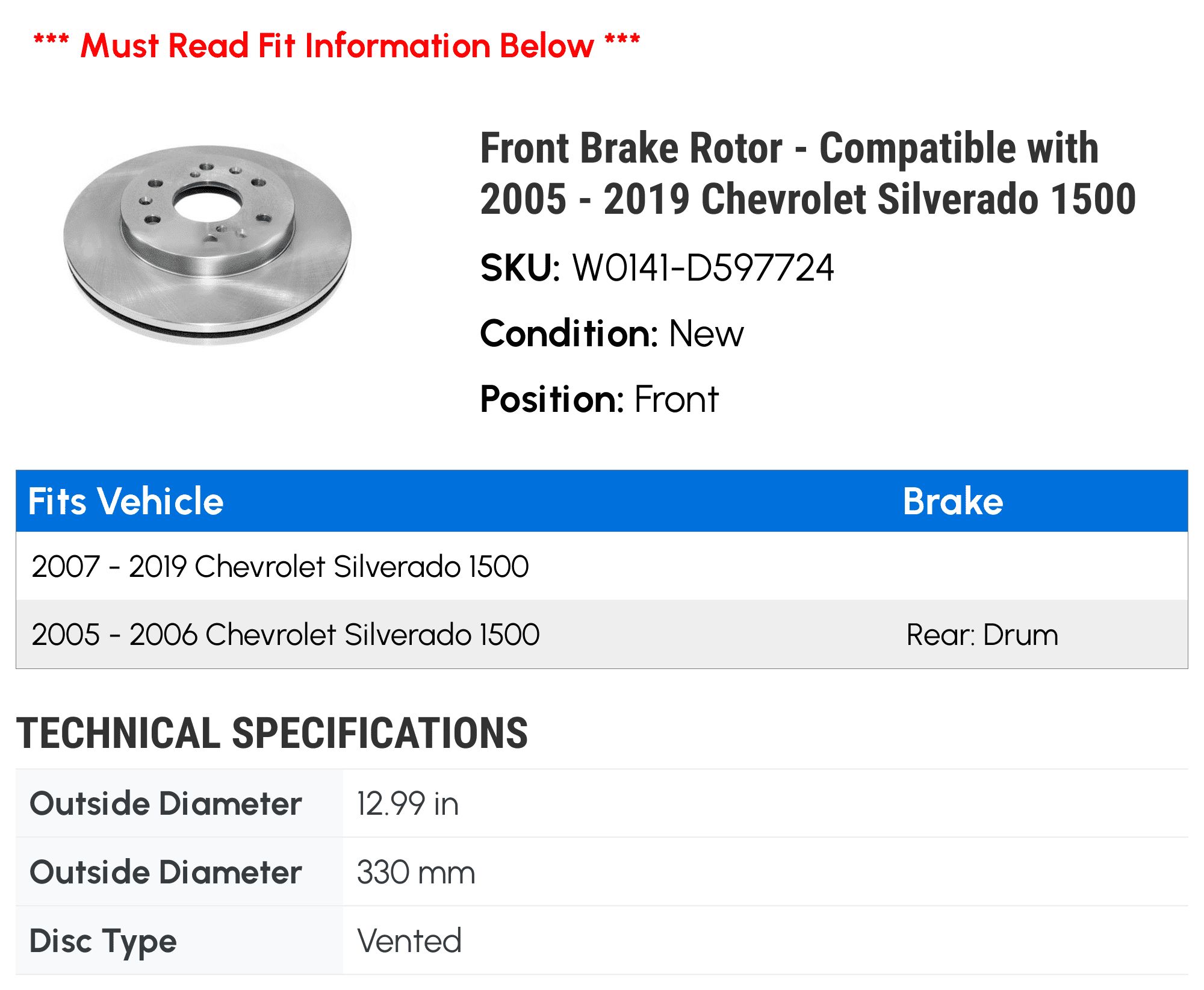 Front Brake Rotor - Compatible with 2005 - 2019 Chevy Silverado 1500 2006 2007 2008 2009 2010 2011 2012 2013 2014 2015 2016 2017 2018