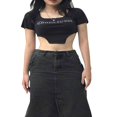 thumbnail image 3 of Women Cropped Tops Short Bare Navel Diamonds Letter Irregular Pullover, 3 of 4