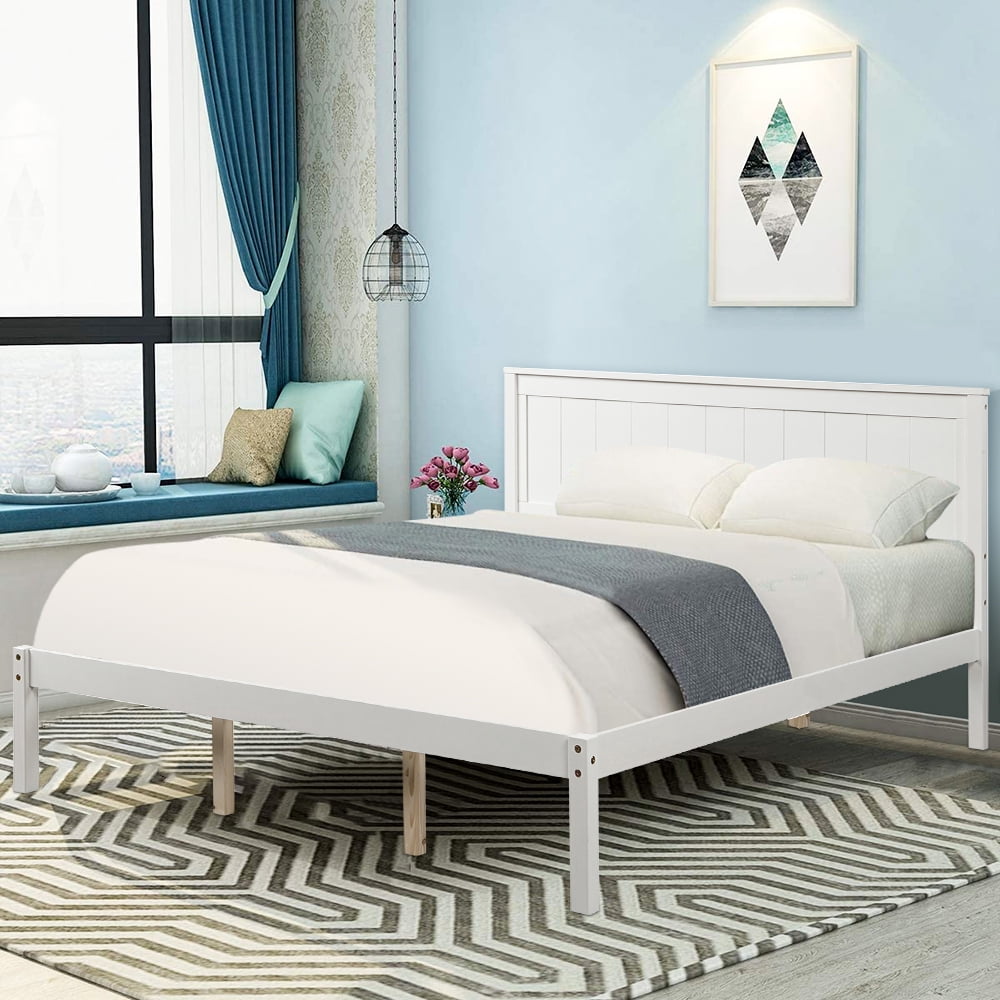 No Box Spring Required Comp Wood Frame NEW White Queen Size Platform Bed 