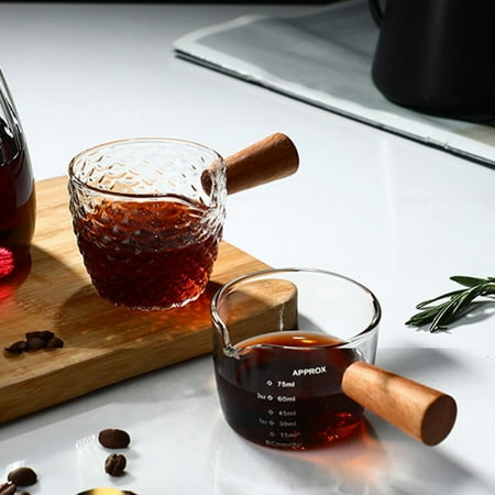 

2-Pack Espresso Shot Glass Double Spouts Measuring Cup Triple Pitcher Mini Milk Cup with Wood Handle Glass Creamer for Coffee Tea Milk or Maple Syrup Serving