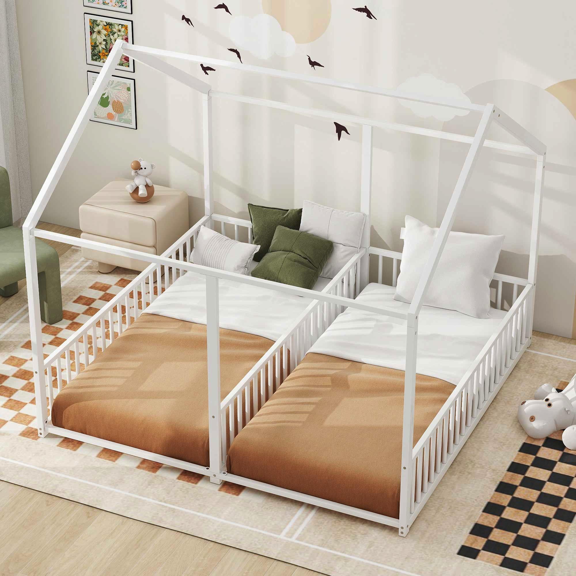 Bellemave Double Twin Size Floor Bed, Metal Shared Platform Beds for 2, Montessori House Bed Frame with Rails (White)