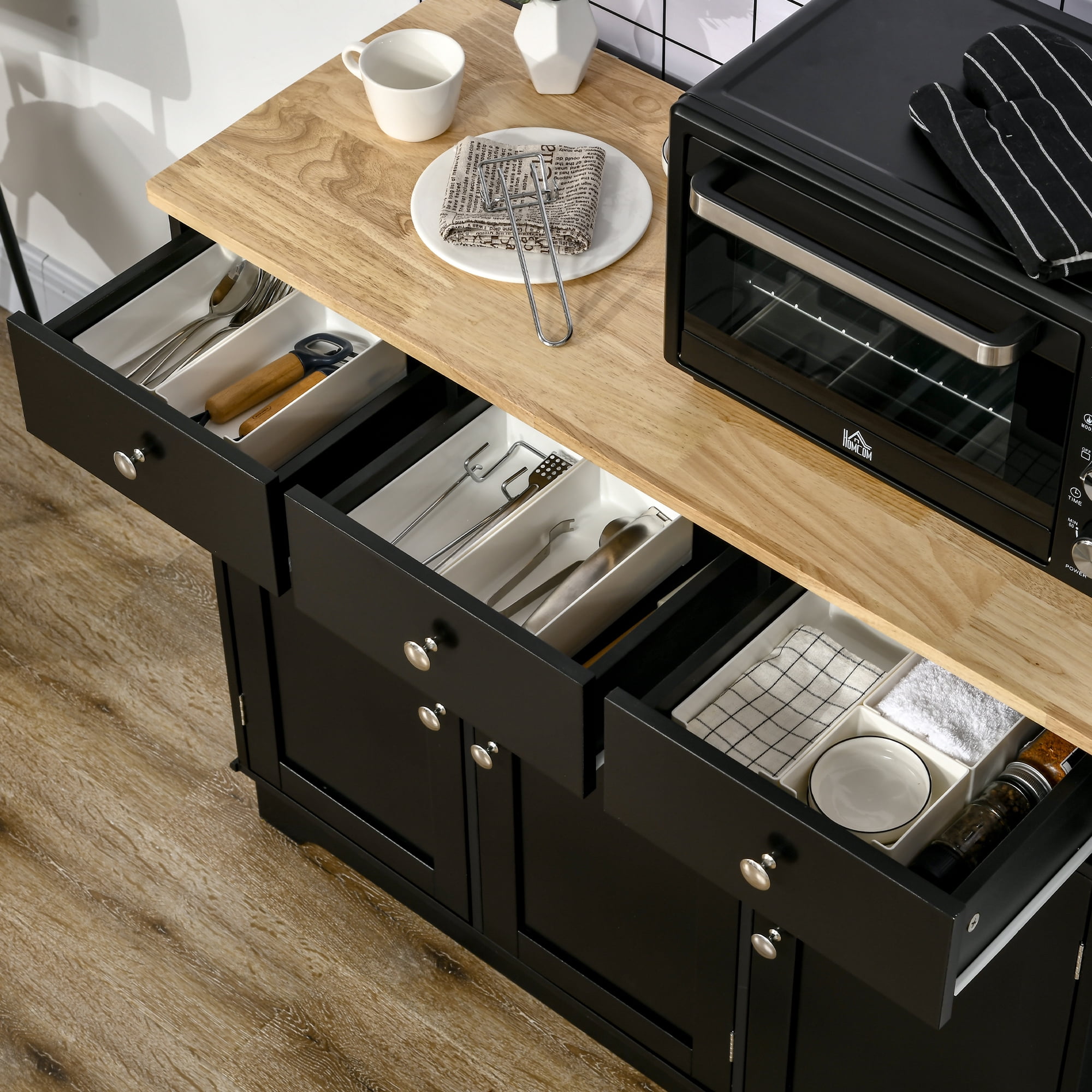 HOQBN Sideboard Buffet Cabinet with Rubberwood Top and Adjustable Shelves, Multipurpose Storage Furniture for Dining Room and Kitchen, Black