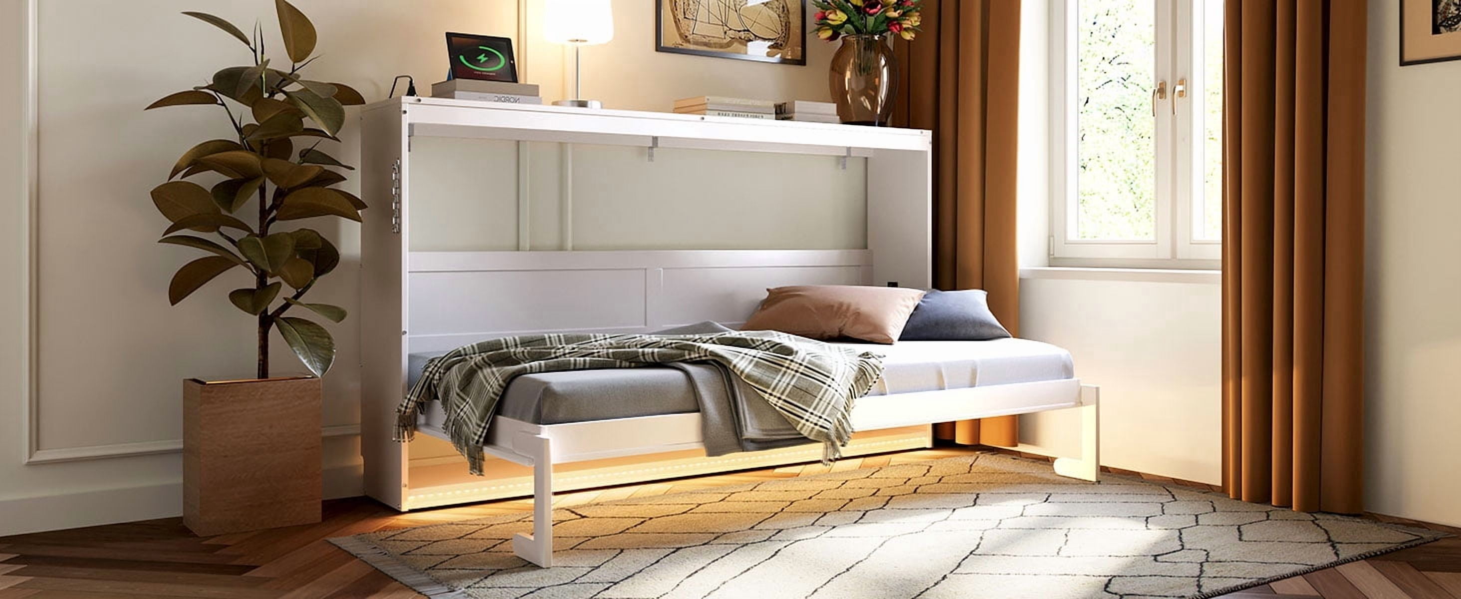 Mintazer Twin Size Murphy Bed with LED Lights & USB Port, Modern Folding Cabinets Bed with Gold Geometric Pattern for Home Office, White