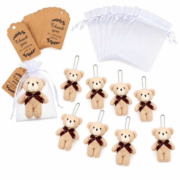 60 Pcs 20 Sets Mini Bear Keychain Party Favor Set with Thank You Tags and Organza Bags, Plush Bear Gift Set for Baby Shower Wedding Birthday Celebration Decorations and DIY Crafts