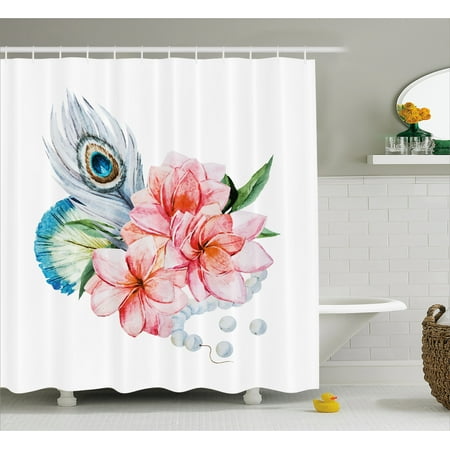Shabby Chic Shower Curtain Watercolor Style Peony Anemone Flowers Pea Feather And Beads Artful Image Fabric Bathroom Set With Hooks Multicolor
