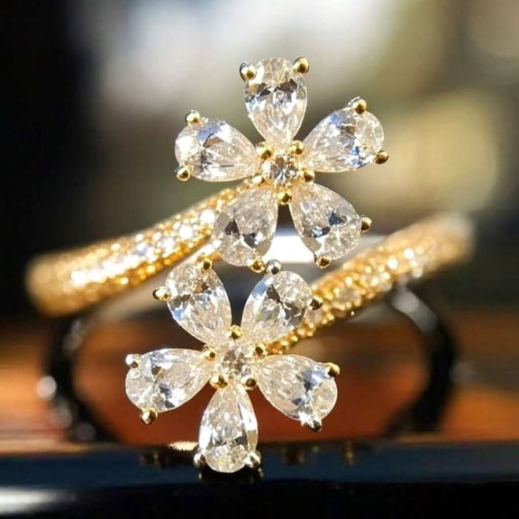 Goldtone Flower Ring With Cubic Zirconia Petals Open Design Womens Jewelry