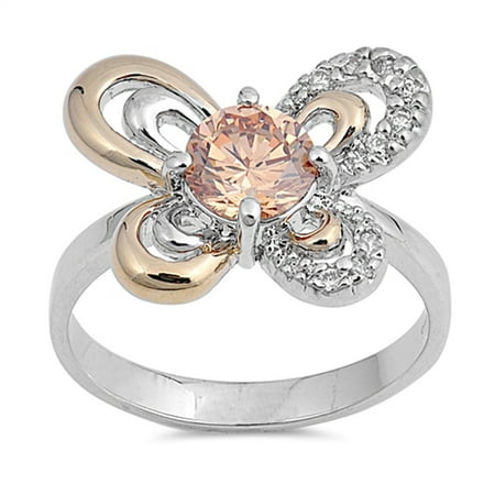 - Champagne Simulated CZ Solitaire Butterfly Ring ( Sizes 5 6 7 8 9 ) New .925 Sterling Silver Band Rings by Sac Silver (Size 5)
